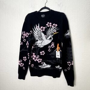 RGSTR Crane Cherry Blossom Knit Sweater Mens Small Black Pink Japanese NWT